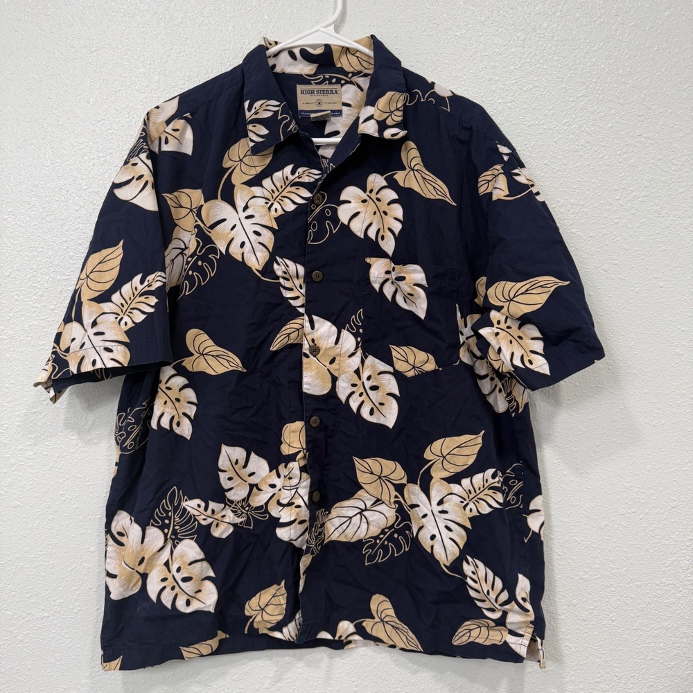 High Sierra Mens Navy Blue Tropical Monstera Leaf Print Cotton Button Up Shirt L